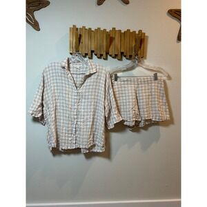 H&M Home Gingham Pajama Set Shirt Shorts Women's Size S Beige Linen Blend